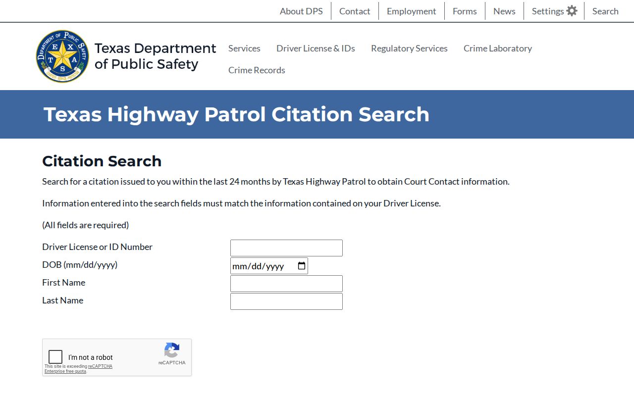 DPS search fields for Reagan County traffic court records and THP citations